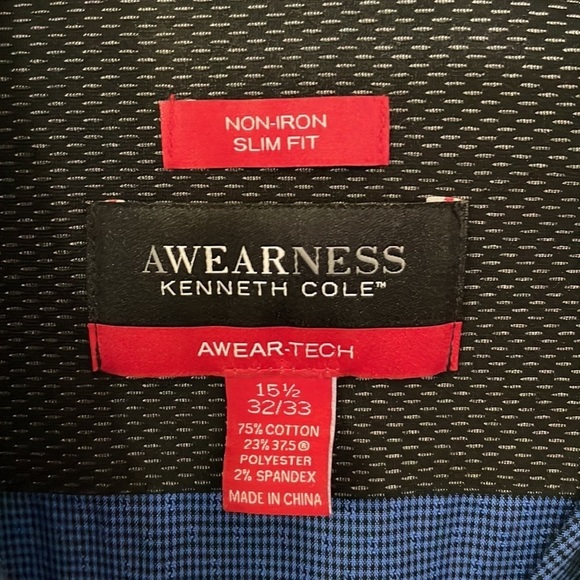 Kenneth Cole Awearness Blue Diamond Plaid Long Sleeve Button Down Size 15 1/2 - Picture 4 of 5